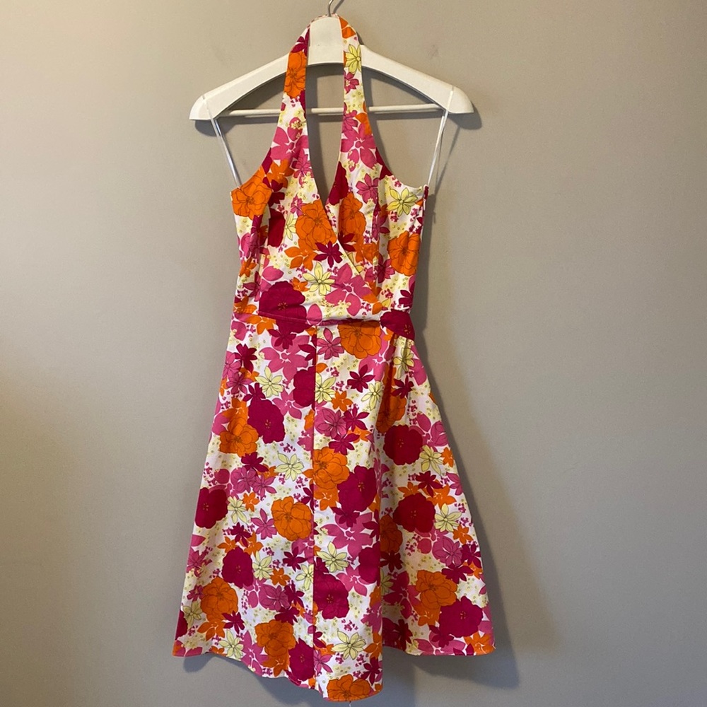 Guess Orange and Pink Floral Halter Faux Wrap Dress